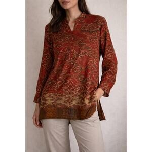 Sutra Putih Red Brown Batik Style Long Sleeve Tunic Womens L